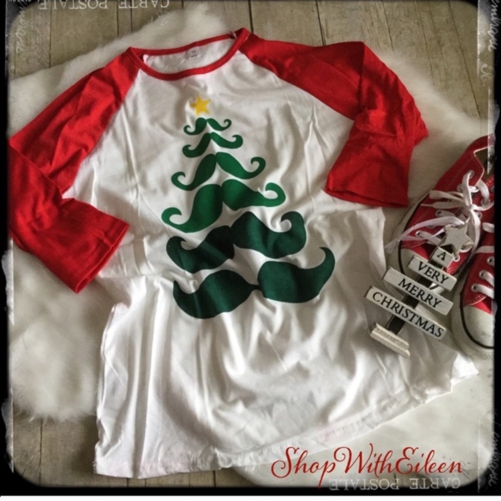 Mustache Christmas Holiday Tree Raglan Sleeve T-shirt